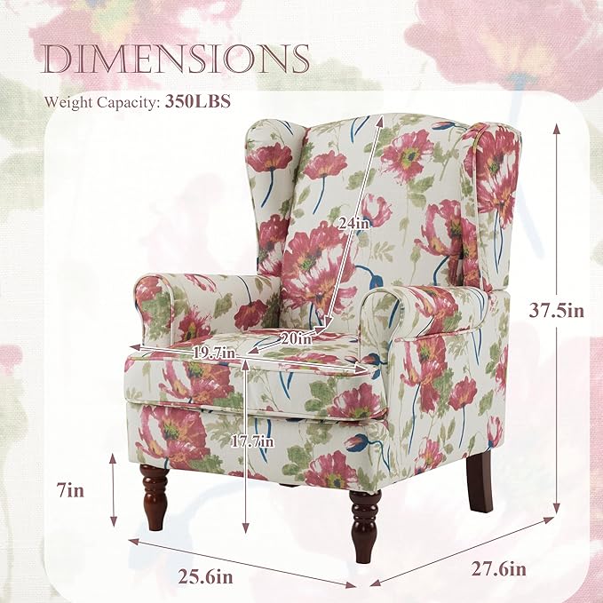 MELLCOM Floral Accent Chair, High Back Upholstered Armchair with Solid Legs, Leisure Single Sofa Chair for Living Room, Bedroom, Home Office, Pink Floral
