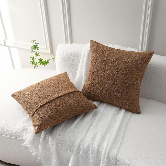 FUTEI Pack of 2 Tobacco Decorative Throw Pillow Covers 24x24 Inch Soft Cozy Solid Boucle Textured European Cushion Case,Modern Home Decor for Couch Bed Living Room