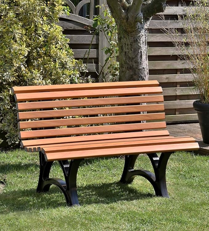 Plow & Hearth Weatherproof German PVC Outdoor Bench | 3-Seat | Holds Up to 500 lbs | Garden Patio Porch Park Deck | Steel and Resin (Wood)