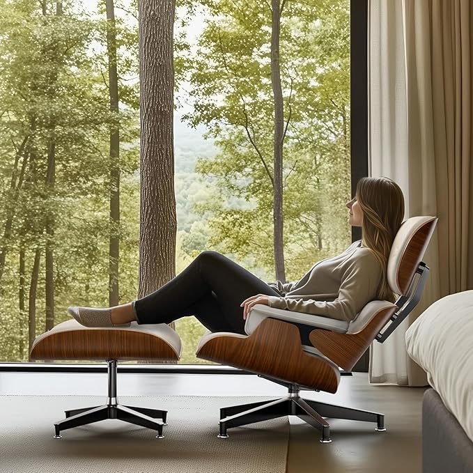 Top White PU Leather, Mid Century Chaise Lounge Chair and Ottoman, Modern Chair Classic Design, Walnut Wood, Heavy Duty Base Support for Living Room Office