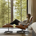 Top White PU Leather, Mid Century Chaise Lounge Chair and Ottoman, Modern Chair Classic Design, Walnut Wood, Heavy Duty Base Support for Living Room Office