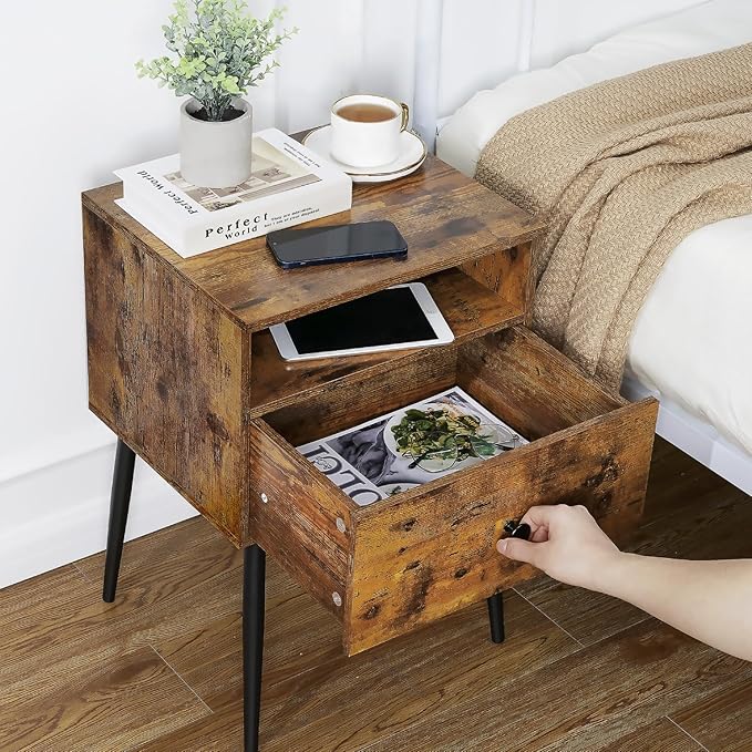 VECELO Modern Wood Night Stand,Square End Table Side Table with Drawer and Storage Space for Bedroom and Living Room