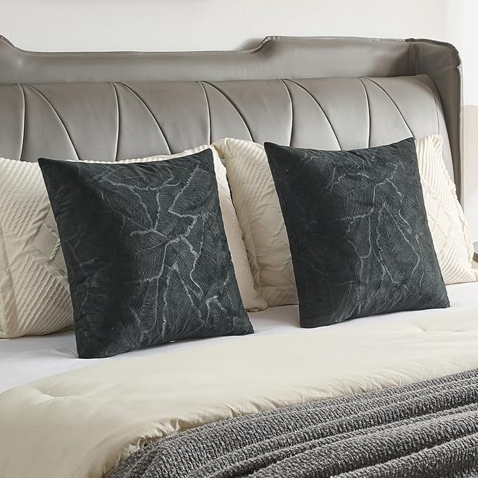 FUTEI Black Velvet Throw Pillow Covers 20x20 Inch Set of 2,Soft Embossed Leaf-Relief Textured Cushion Cases,Natural Home Decor for Couch Living Room