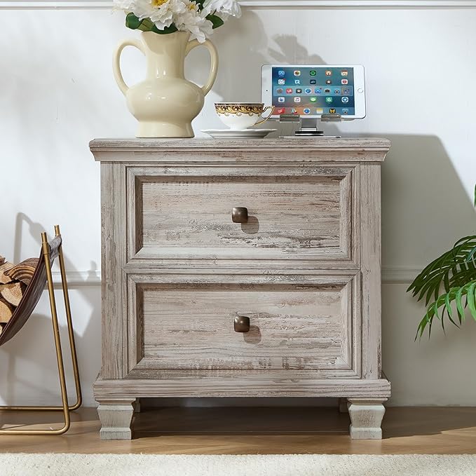 Farmhouse Nightstand with Charging Station, Rustic Low Night Stand with 2 Drawers, Mid-Century Modern End Table with 4 Square Solid Wood Legs, Small Vintage Dresser for Bedroom, Home, Grey