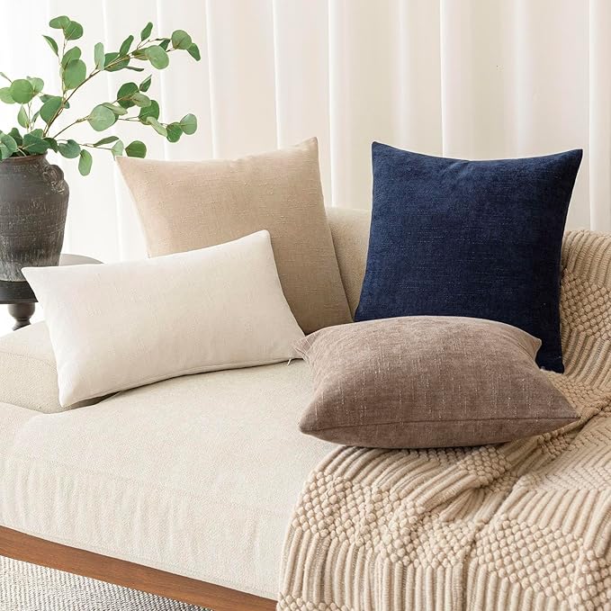 Foindtower Pack of 2 Soft Textured Chenille Throw Decorative Pillow Covers Square Accent Solid Cushion Cover Cozy Farmhouse Pillow Case with Zipper for Couch Sofa Bedroom Living Room 22x22 Inch, Taupe