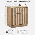 T4TREAM 23'' Fluted Nightstand Set of 2 with Charging Station, Large 2 Drawer Bedside Table, Modern End Table with Storage, Mid Century Night Stand for Bedroom Living Room, Curved Profile, Natural Oak