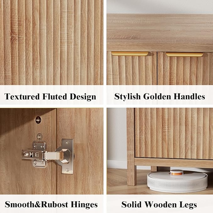 Fluted Sideboard Buffet Cabinet, 46.5" Modern Storage Cabinet with 2 Doors & 3 Drawers, Sideboard Console Table for Entryway,Living Room,Kitchen,Dinning Room-Natural Oak
