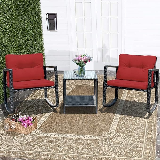COSTWAY 3 Pieces Patio Rattan Rocking Chair Set, Outdoor Conversation Furniture Sets with Coffee Table, Storage Shelf and Cushions, Modern Bistro Set for Porch, Backyard, Garden, Red