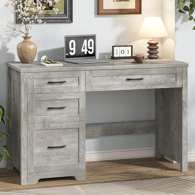 Vabches Farmhouse 47" Executive Desk with File Drawer, Wood Computer Desk with 3 Storage Drawers, Workstation for Home Office, Study, Writing.Grey.