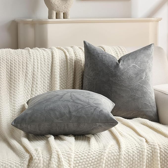 FUTEI Dark Grey Velvet Throw Pillow Covers 16x16 Inch Set of 2,Soft Embossed Leaf-Relief Textured Cushion Cases,Natural Home Decor for Couch Living Room