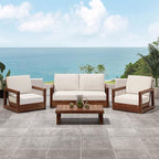 Christopher Knight Home Olaf 4 Pieces Outdoor Conversation Set, Acacia Wood Chat Set, Rectangular Coffee Table and Patio Loveseat with 2 Club Chairs, Patio Furniture Set with Cushion, Beige+Mocha
