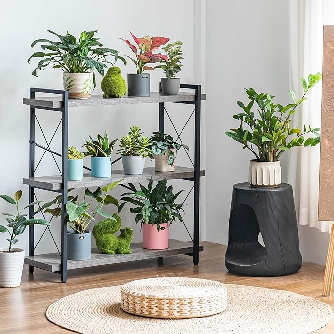 HCHQHS Bookshelf, 3-Tier Industrial Bookcase, Rustic Open Book Shelf, Freestanding Horizontal Bookshelves with Metal Frame