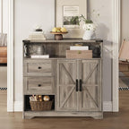 Fameill Farmhouse Storage Cabinet with Drawers and Open Storage,Freestanding Kitchen Pantry with 2 Barn Doors, Floor Cabinet with Adjustable Shelf for Living Room,Grey