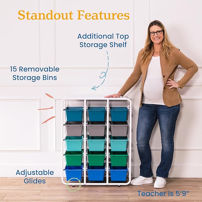 ECR4Kids 5-Tier Storage Rack with 15 Cubby Bins 5x3, Multipurpose Organization, Contemporary