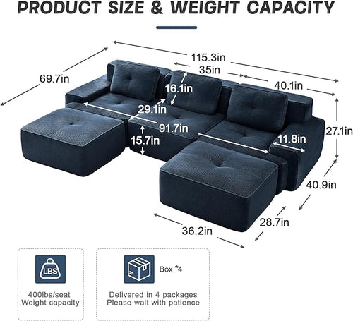 115.3” Blue Boneless Couches for Living Room, Modular Sectional Sofa with U-Shape Chaise, 3 Seater Comfy Upholstered Deep Seat Corduroy Fabric Cloud Couch No Assembly, Anti-Slip Design