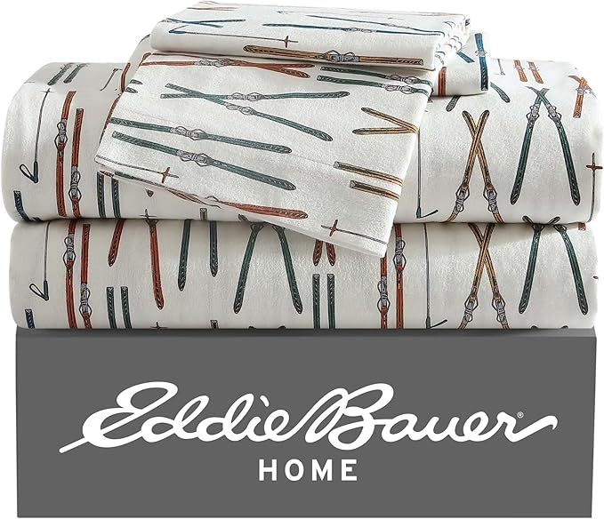 Eddie Bauer - Queen Sheets, Cotton Flannel Bedding Set, Brushed For Extra Softness, Cozy Home Decor (Ski Line White, Queen)