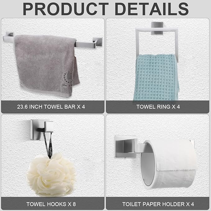 Gisafai 20 Pcs Bathroom Hardware Accessories Set 23.6 Inch Bath Towel Bar Kit Stainless Steel Bathroom Hardware Set Towel Racks Ring Hooks Paper Holder for Wall Mounted (Silver)