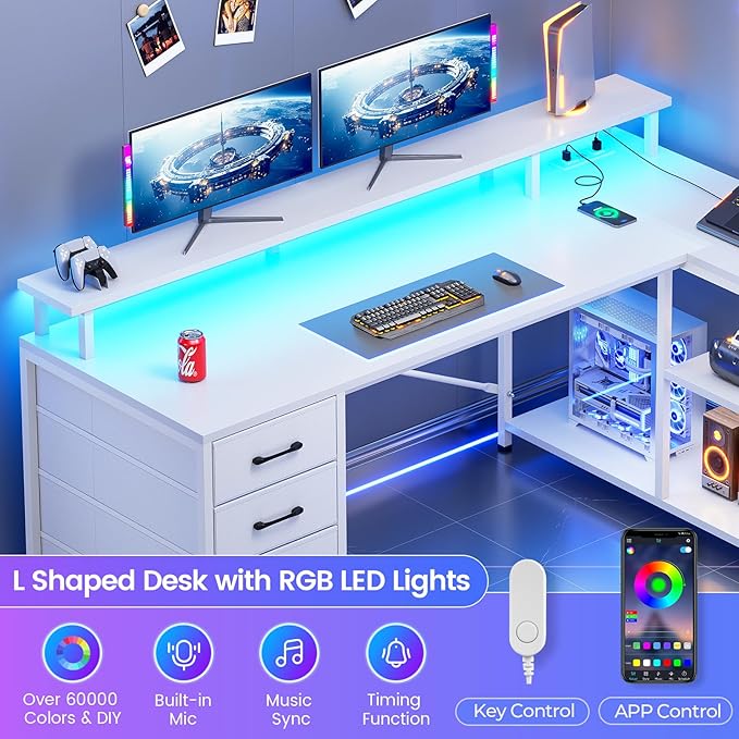SEDETA L Shaped Desk with 4 Drawers and Storage Shelves, L Shaped Gaming Desk with LED Lights & Power Outlets, Computer Desk with Shelves & Drawer, Corner Desk Home Office Desk, White