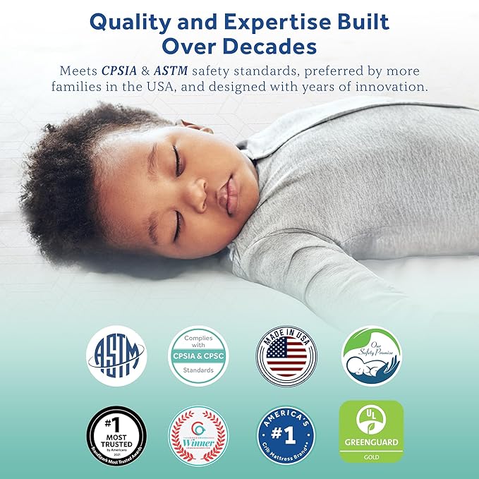 Sealy Baby Cozy Brilliance Breathable Crib Mattress, GREENGUARD GOLD Certified, Made in USA, Firm Dual Firmness, Toddler Bed Fit, Rayon, Waterproof, Non Toxic, Washable Zip Cover, 52” x 28
