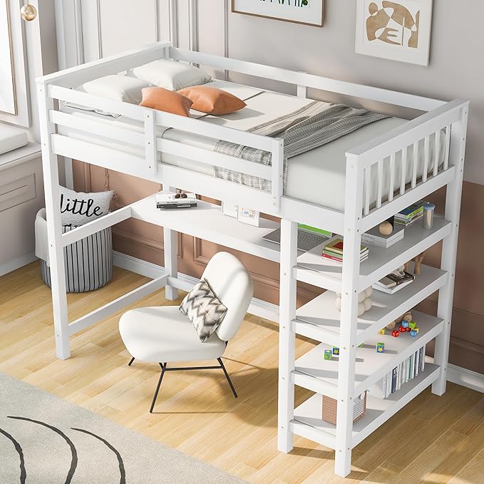 Twin Size Loft Bed with Storage Shelves and Under-Bed Desk,Bedroom Multifunctional Bed Frame w/Solid Wood Slat Support & Full-Length Guardrail,for Adult Boy Girl Teen,White