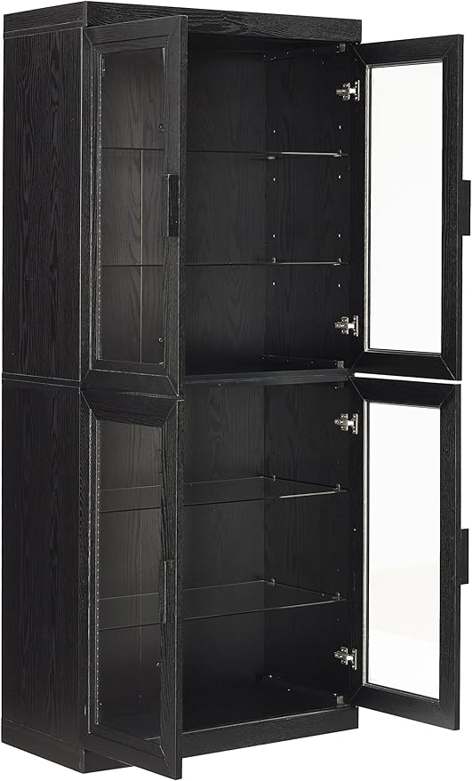 Crosley Furniture Essen Glass Door Kitchen Pantry Storage Cabinet with Doors and Shelves, Living Room, Black