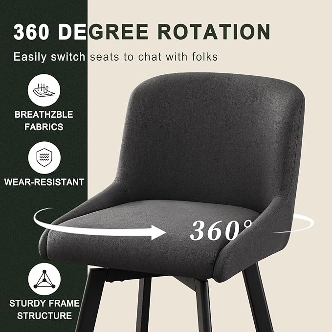 Swivel Counter Height Bar Stools Set of 4, 30''H Upholstered Barstools with Backs, Modern Bar Stool Chairs for Kitchen Island, Metal Legs, Fabric, Black Grey Stools Counter Chair