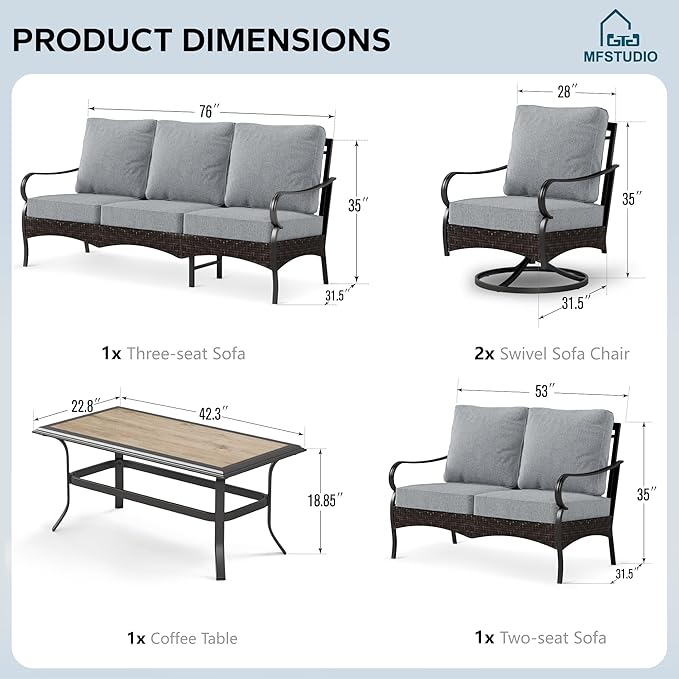 MFSTUDIO 5 PCS Outdoor Patio Furniture Set, Metal Outdoor Conversation Set, Rattan Wicker Patio Sectional Sofa Set with 2 x Swivel Single Sofa, 2-Seat and 3-Seat Sofa, 1 x Coffee Table, Grey