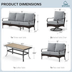 MFSTUDIO 5 PCS Outdoor Patio Furniture Set, Metal Outdoor Conversation Set, Rattan Wicker Patio Sectional Sofa Set with 2 x Swivel Single Sofa, 2-Seat and 3-Seat Sofa, 1 x Coffee Table, Grey