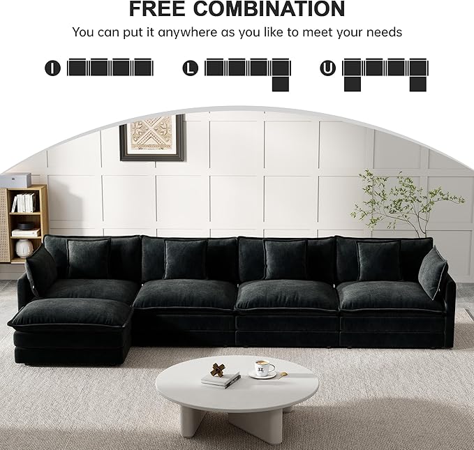 Modular Sectional Sofa, 146.5 Inch L-Shaped Cloud Sofa with Deep Seat Chenille Sofa with Cushions, Four Seater Sectional Sofa for Living Room Apartment,Black