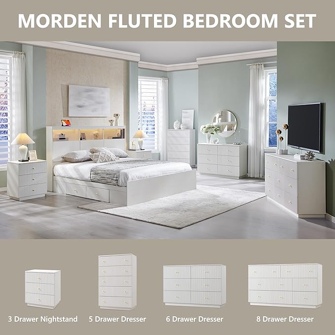 Fluted Dresser for Bedroom, 47" White 6 Drawer Dressers, Wood Tall Dresser Storage Organizer, Modern Chest of Drawers with Deep Storage for Closet Hallway, Entryway, Living Room, White