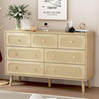 Rattan Dresser for Bedroom, 7 Drawer Rattan Dresser with Gold Handles, Boho Wood Dressers & Chest of Drawers for Bedroom