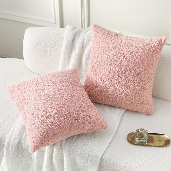 FUTEI Pink Throw Pillow Covers 22x22 Inch Set of 2,Furry Faux Fur Teddy Boucle Textured Cushion Covers,Soft Fluffy Decorative Pillow Case,Home Decor for Couch Bed Living Room Office Car