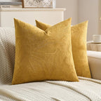 FUTEI Golden Yellow Velvet Throw Pillow Covers 18x18 Inch Set of 2,Soft Embossed Leaf-Relief Textured Cushion Cases,Natural Home Decor for Couch Living Room