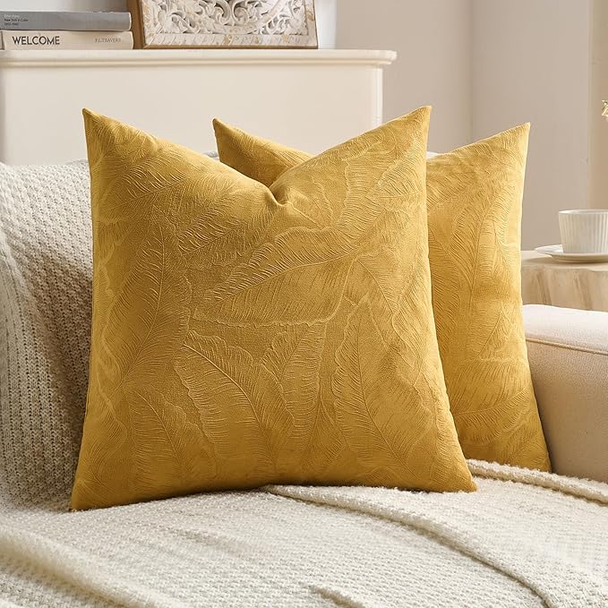 FUTEI Golden Yellow Velvet Throw Pillow Covers 22x22 Inch Set of 2,Soft Embossed Leaf-Relief Textured Cushion Cases,Natural Home Decor for Couch Living Room