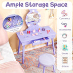 Costzon Kids Vanity, Girls Vanity Set with Mirror and Stool and Lights, Drawer, 2 in 1 Wooden Makeup Vanity Desk Dressing Table, Kids Vanity Table and Chair Set (Violet)