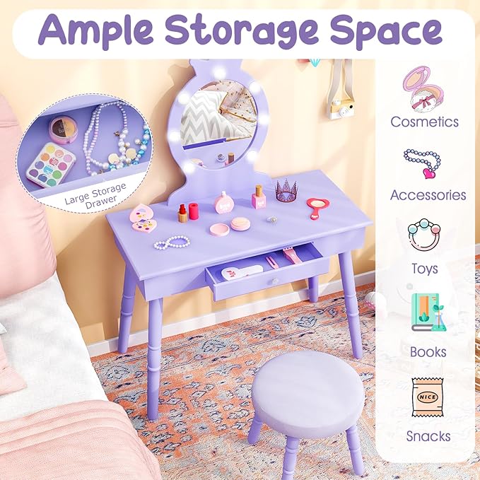 Costzon Kids Vanity, Girls Vanity Set with Mirror and Stool and Lights, Drawer, 2 in 1 Wooden Makeup Vanity Desk Dressing Table, Kids Vanity Table and Chair Set (Violet)