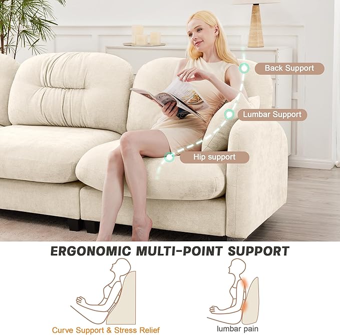 140" U Shaped Couch for Living Room, Comfy Chenille Fabric Cloud Sectional Couch, Modern Upholstered Deep Seat Sofa with Pillow and 2 Movable Ottoman, Oversized 4 Seater Sectional Sofa, Beige
