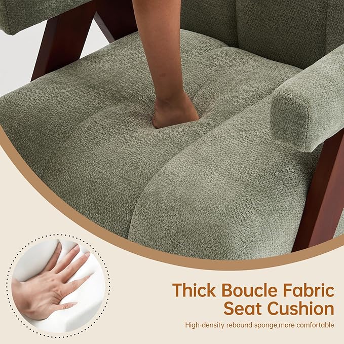 Accent Chair Mid-Century Modern with Wide Backrest for Bedroom, Upholstered Living Room Chair with Wooden, Lounge Armchair with Thick Cushion, Cute Chenille Comfy Chair, Sage