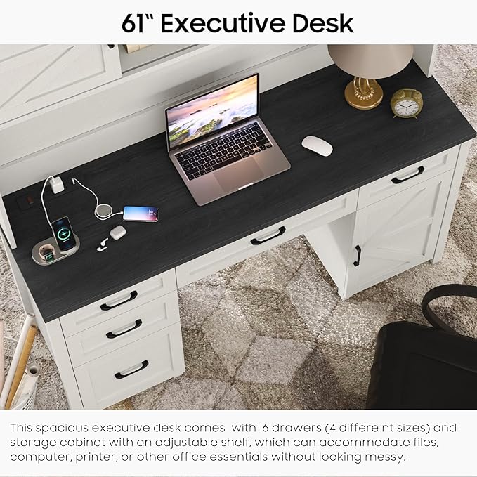 Farmhouse 67" H Executive Desk with Hutch,Office Desks with 5 Drawers, Computer Desk with Storage Cabinet & File Drawers and Charging Station, Wood Workstation for Home Office and Study.(Black).
