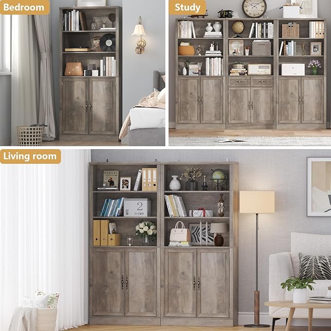 72'' Tall Bookcase with Doors, Adjustable Shelves, P2 MDF Construction, 32'' Wide Freestanding Cabinet with Metal Handles, Hidden Storage for Living Room, Bedroom, Grey