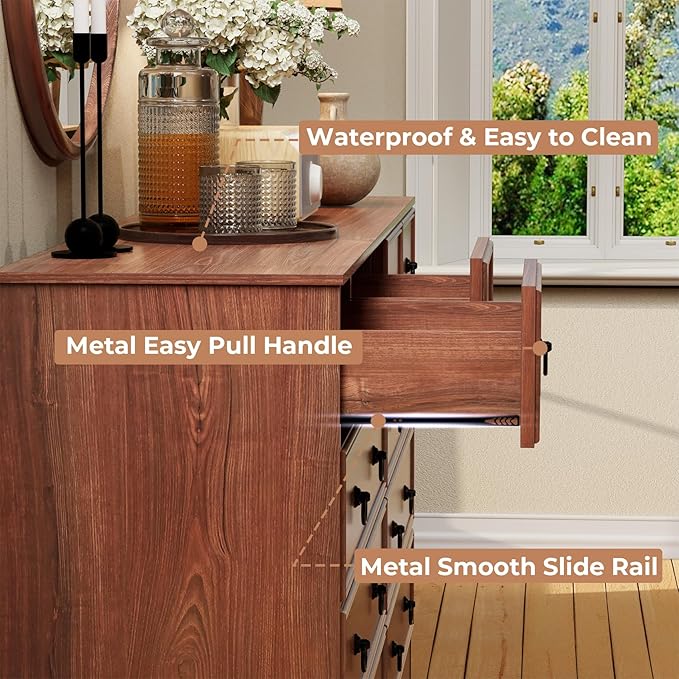 10 Drawers Dresser for Bedroom, 55.2 Inches Large Dressers Mid Century Modern Cherry Wood Chest of Drawers,Storage Organizer Furniture, Hallway, Entryway, Closet, Cherry Wood