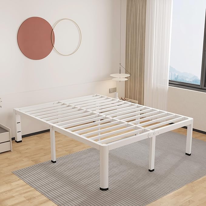 ROIL 14 Inch White Queen Bed Frame with Rounded Corner and Headboard Hole Mattress Retainers 3500LBS Heavy Duty Steel Slats No Box Spring Needed Platform Noise-Free Easy Assembly