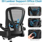 Office Chair Ergonomic Desk Chair - Mesh Computer Chair Breathable Task Chair with Wheels Adjustable Lumbar Support Home Desk Office Chairs with Flip up Armrest Executive Rolling Swivel Black