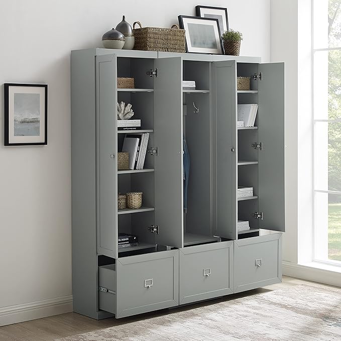 Crosley Furniture Harper 3-Piece Hall Tree and Storage Cabinet Set with Entryway Bench and Hooks for Hanging, Gray