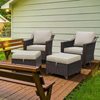 Patio Metal Swivel Chairs with Ottomans Set of 2, Conversation Furniture Set - 360 Degree Glider Rocker Chairs | 2 Wicker Ottomans, Washable Cushions (Beige and Brown Stripe)