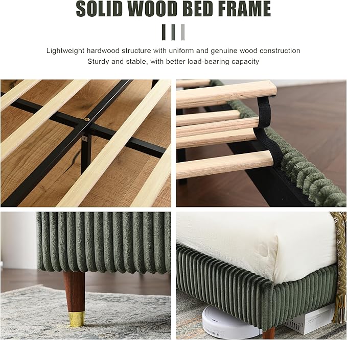 PINJU Twin Size Bed Frame, Upholstered Platform Bed with Modern Vertical Striped Wingback Headboard with Wooden Slats, Easy to Assemble No Noise Free (Green, Twin)
