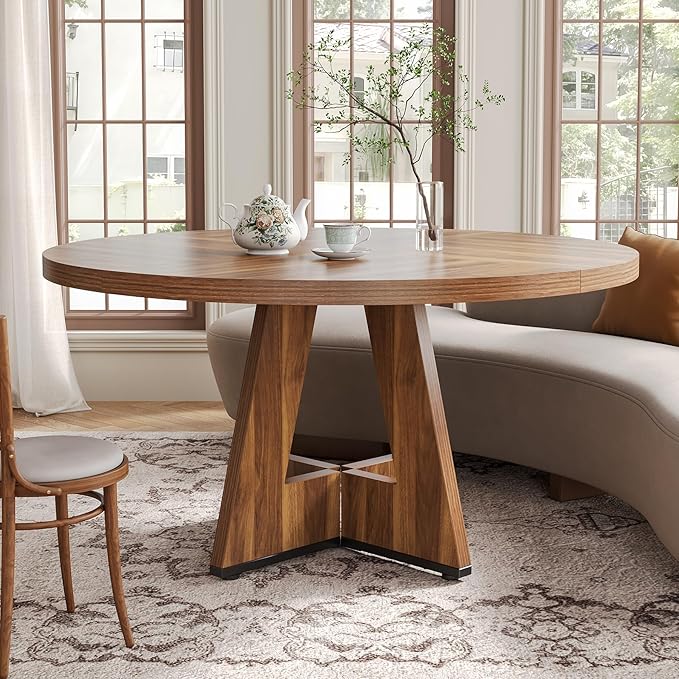 LITTLE TREE Round Dining Table for 4-6 People, 47 Inches Dining Room Table with Wooden Pedestal Base, Brown Dinner Tables, Circle Kitchen Tables for Dining Room, Kitchen, Living Room(Table Only)