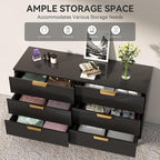 Black Fluted 6 Drawer Dresser for Bedroom, Chest of Drawers with Solid Wood Legs, Modern Dresser Chest Cabinet Organizer with Golden Handles, Beside Table for Closet, Hallway, Bedroom