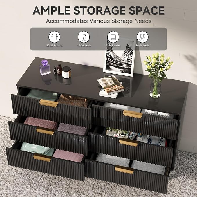 Black Fluted 6 Drawer Dresser for Bedroom, Chest of Drawers with Solid Wood Legs, Modern Dresser Chest Cabinet Organizer with Golden Handles, Beside Table for Closet, Hallway, Bedroom