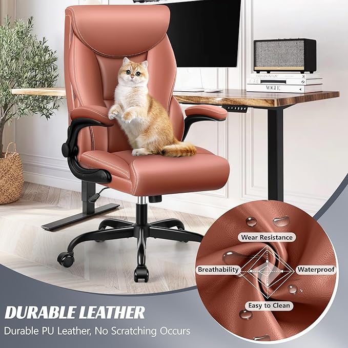Office Chair, Ergonomic Big and Tall Computer Desk Chairs, Executive Breathable Leather Chair with Adjustable High Back Flip-up Armrests, Lumbar Support Swivel PC Chair with Rocking Function
